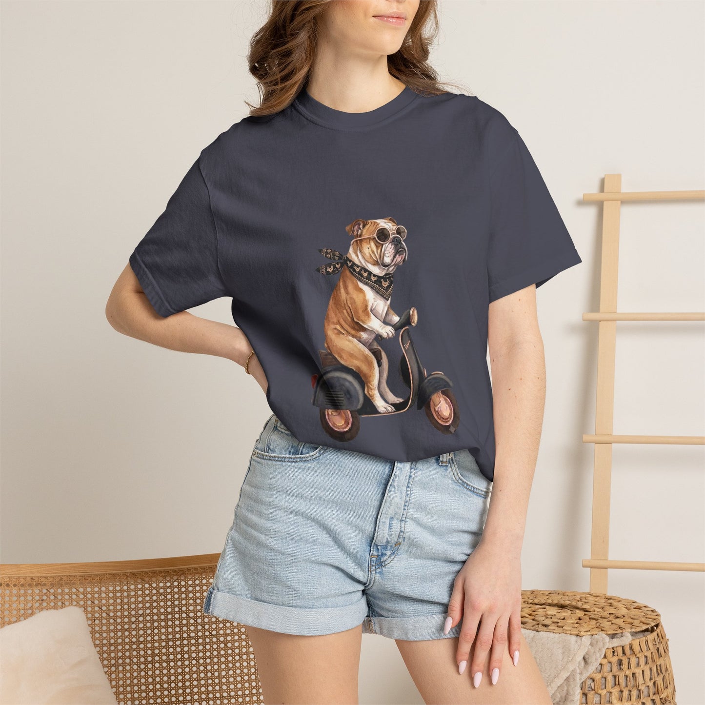 Funny English Bulldog Riding Vintage Scooter T-Shirt - Retro Dog Graphic Tee
