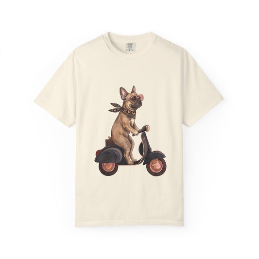 French Bulldog Riding Vintage Scooter T-Shirt - Cool Frenchie Graphic Tee