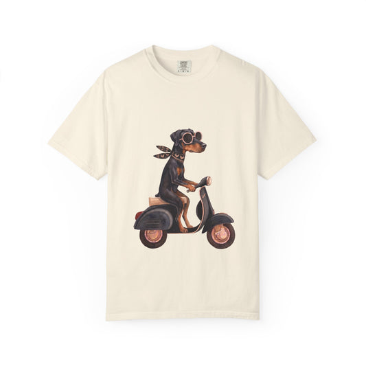 Doberman Pinscher Riding Retro Scooter Watercolor T-Shirt