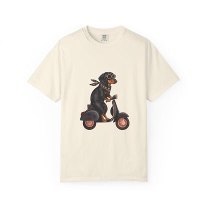 Cool Dachshund Riding a Scooter Graphic T-Shirt - Funny Wiener Dog Adventurer Tee