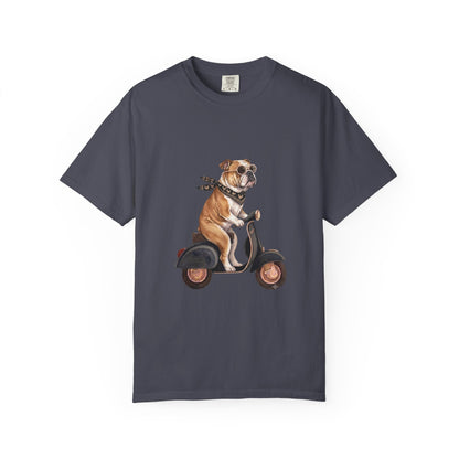 Funny English Bulldog Riding Vintage Scooter T-Shirt - Retro Dog Graphic Tee