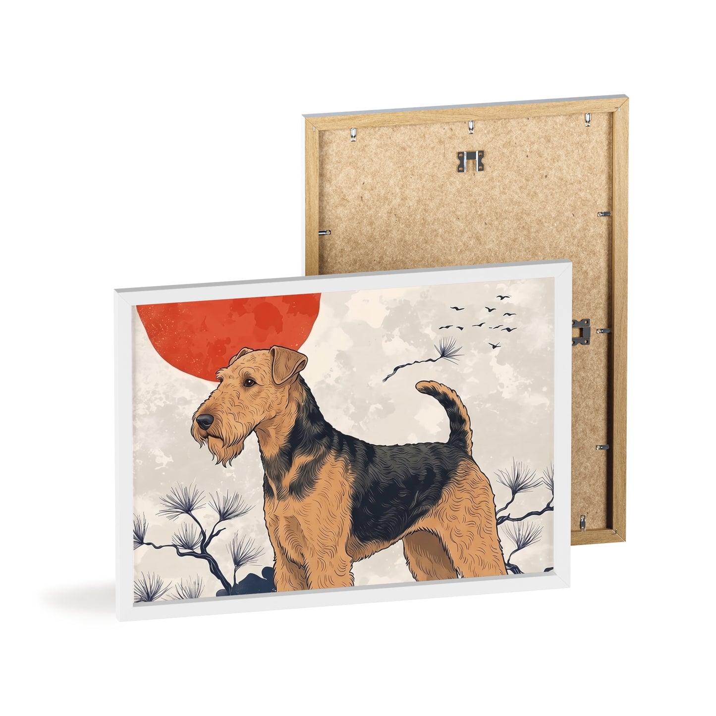 Airedale Terrier Japanese style Art Poster with Wooden Frame — Japanese Sunrise Dog Wall Art
