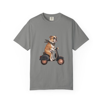 Funny English Bulldog Riding Vintage Scooter T-Shirt - Retro Dog Graphic Tee