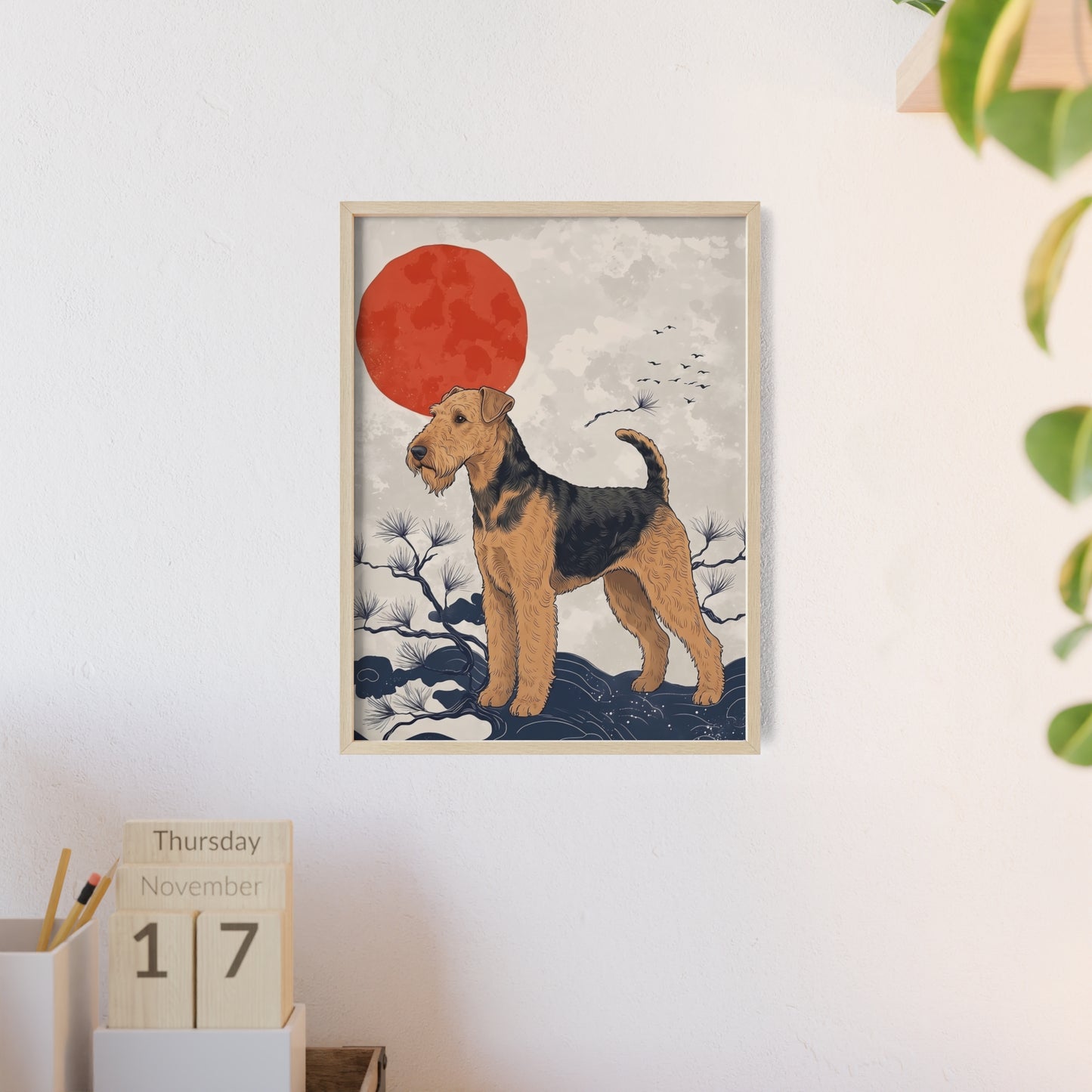 Airedale Terrier Japanese style Art Poster with Wooden Frame — Japanese Sunrise Dog Wall Art