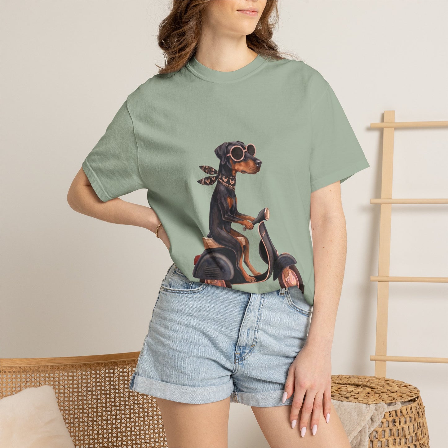Doberman Pinscher Riding Retro Scooter Watercolor T-Shirt