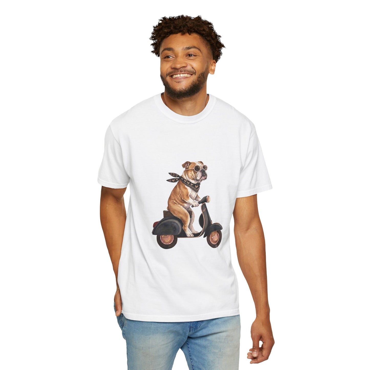 Funny English Bulldog Riding Vintage Scooter T-Shirt - Retro Dog Graphic Tee