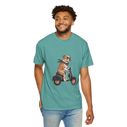 Funny English Bulldog Riding Vintage Scooter T-Shirt - Retro Dog Graphic Tee