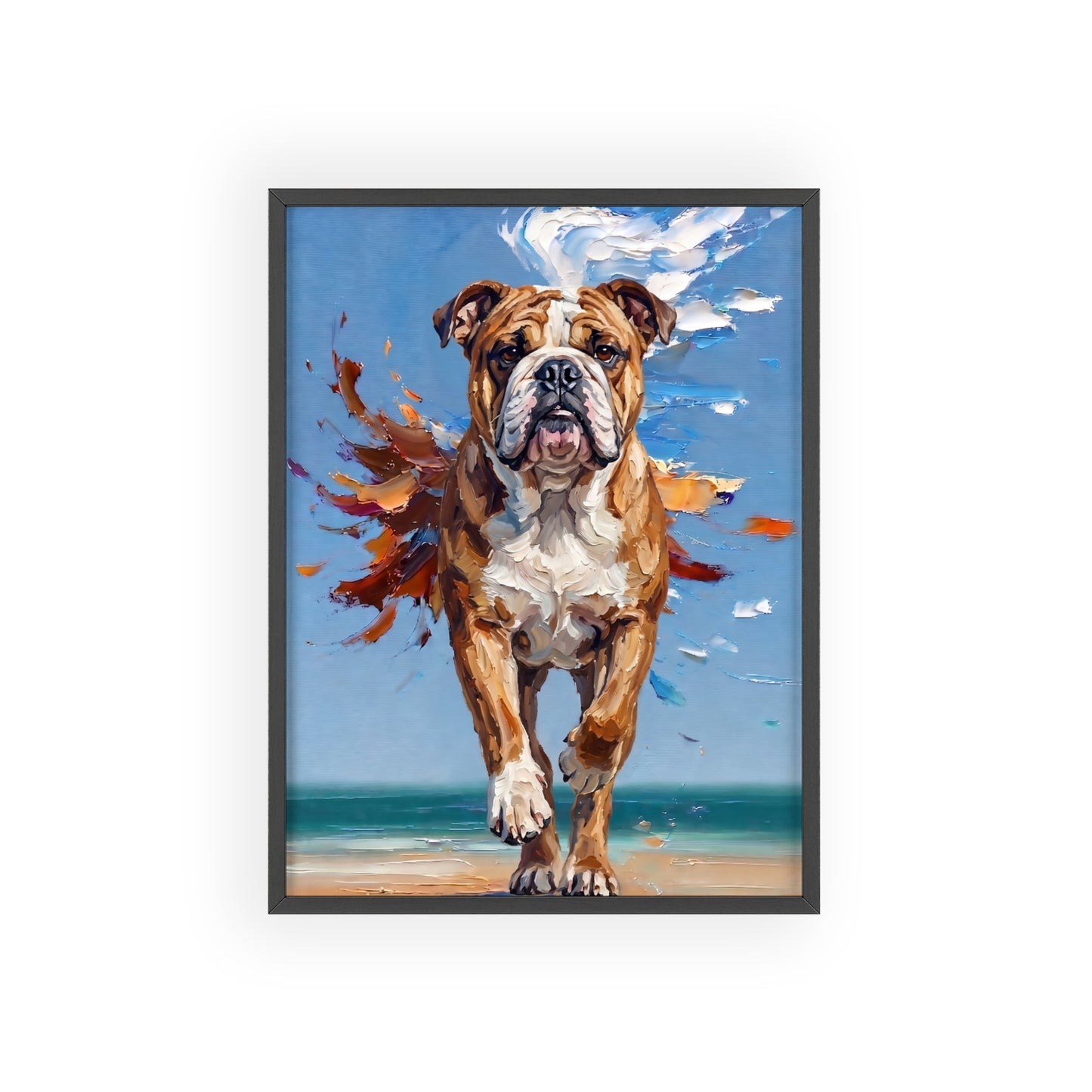 Dynamic English Bulldog Beach Impasto Painting Framed Poster