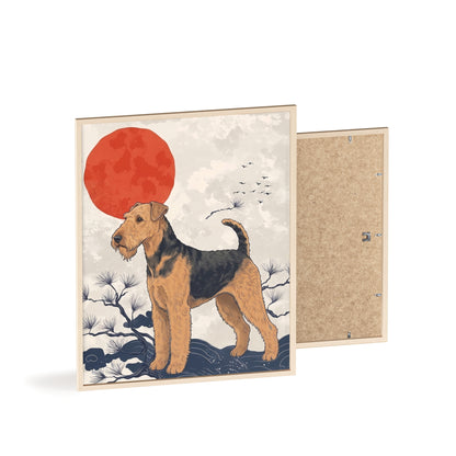 Airedale Terrier Japanese style Art Poster with Wooden Frame — Japanese Sunrise Dog Wall Art
