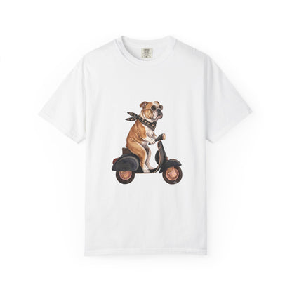 Funny English Bulldog Riding Vintage Scooter T-Shirt - Retro Dog Graphic Tee