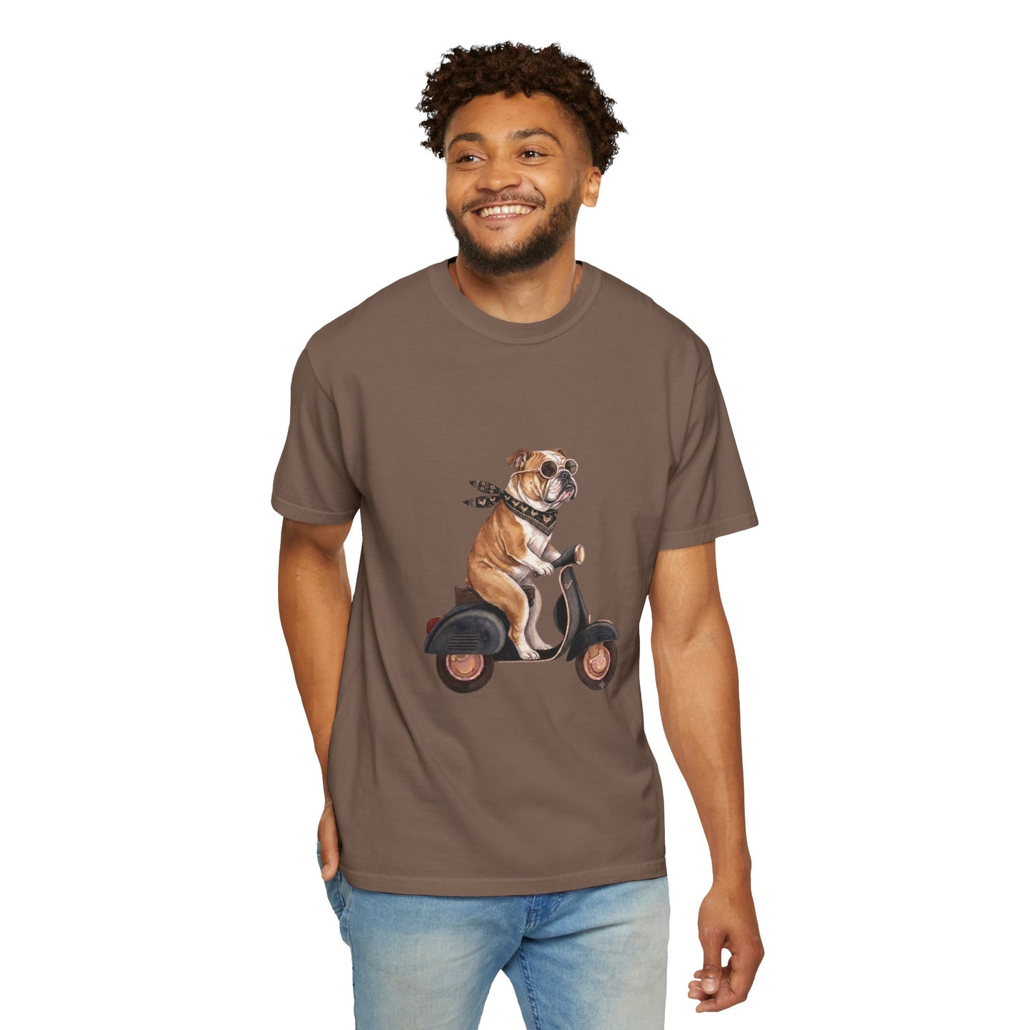 Funny English Bulldog Riding Vintage Scooter T-Shirt - Retro Dog Graphic Tee
