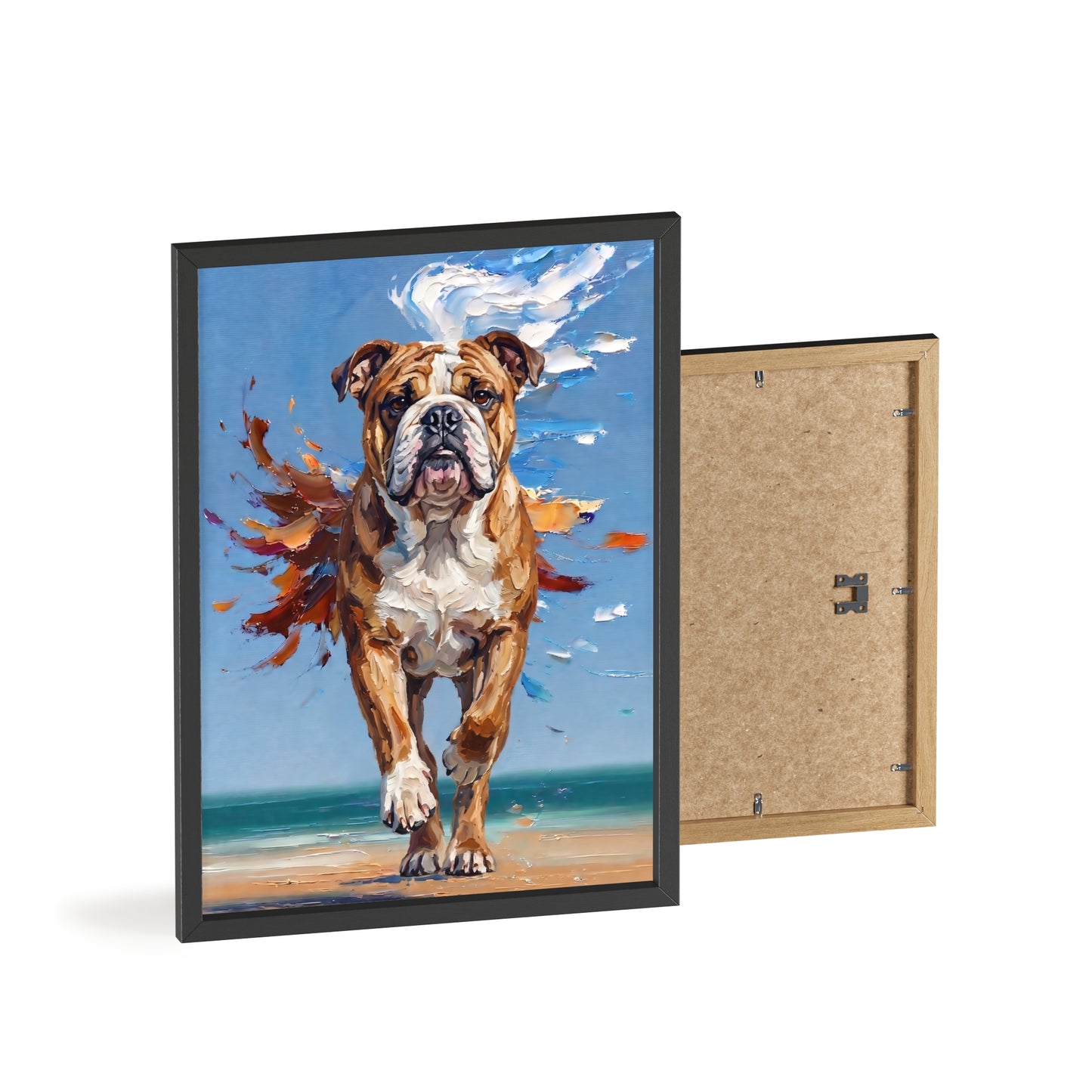Dynamic English Bulldog Beach Impasto Painting Framed Poster