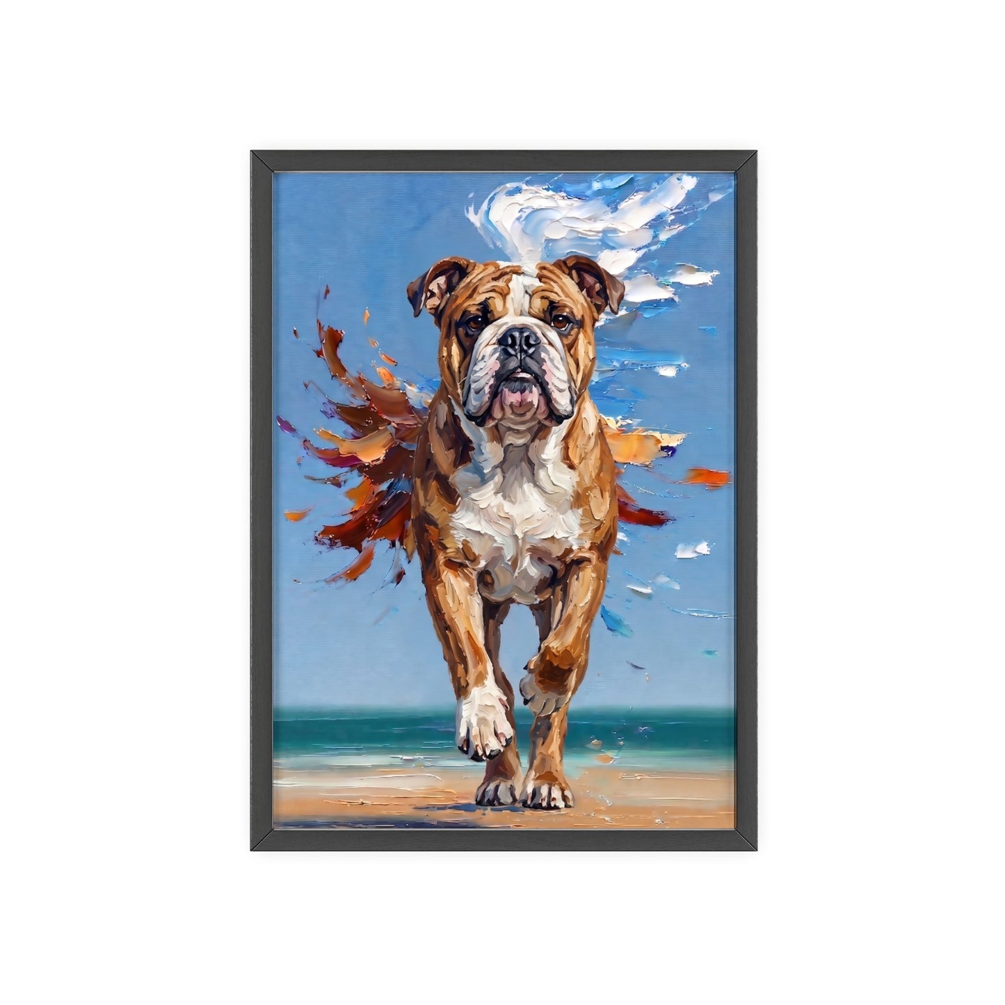 Dynamic English Bulldog Beach Impasto Painting Framed Poster