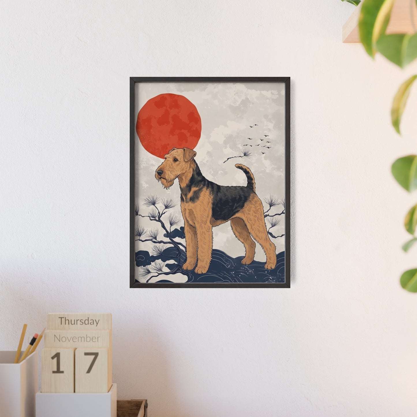 Airedale Terrier Japanese style Art Poster with Wooden Frame — Japanese Sunrise Dog Wall Art