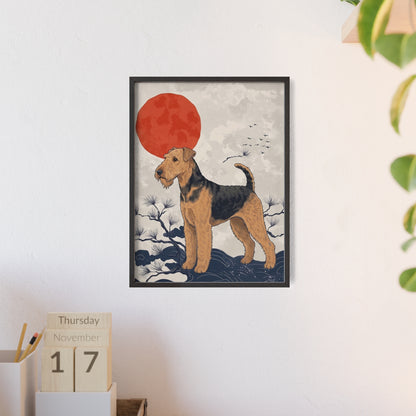 Airedale Terrier Japanese style Art Poster with Wooden Frame — Japanese Sunrise Dog Wall Art