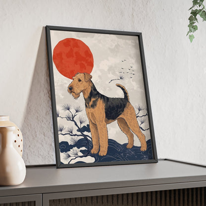 Airedale Terrier Japanese style Art Poster with Wooden Frame — Japanese Sunrise Dog Wall Art