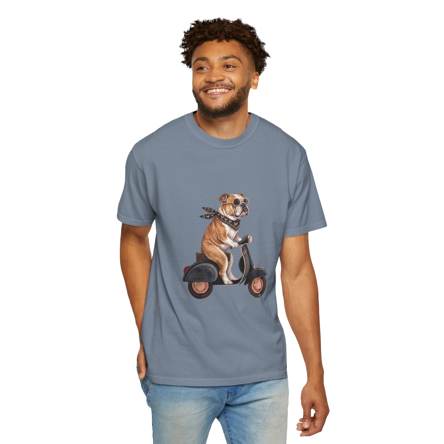 Funny English Bulldog Riding Vintage Scooter T-Shirt - Retro Dog Graphic Tee