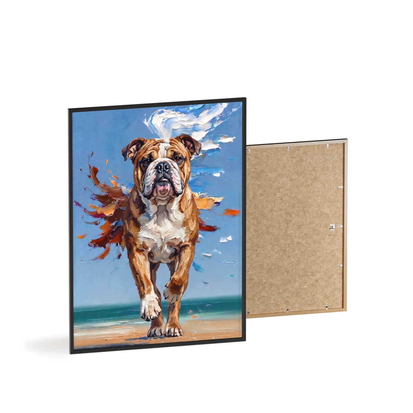 Dynamic English Bulldog Beach Impasto Painting Framed Poster
