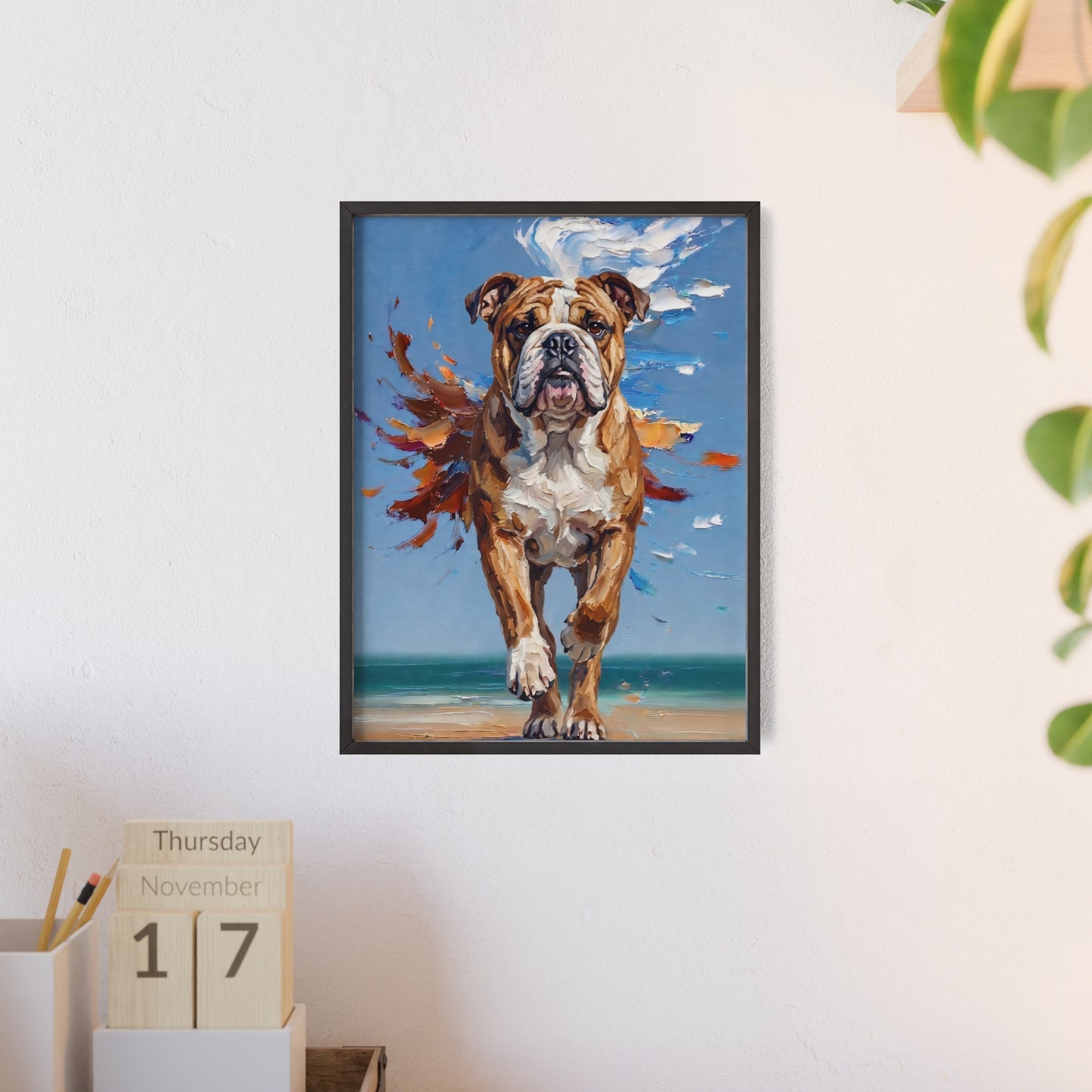 Dynamic English Bulldog Beach Impasto Painting Framed Poster