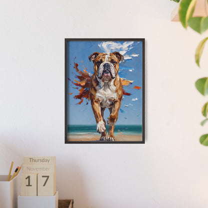 Dynamic English Bulldog Beach Impasto Painting Framed Poster