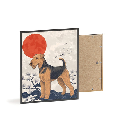 Airedale Terrier Japanese style Art Poster with Wooden Frame — Japanese Sunrise Dog Wall Art
