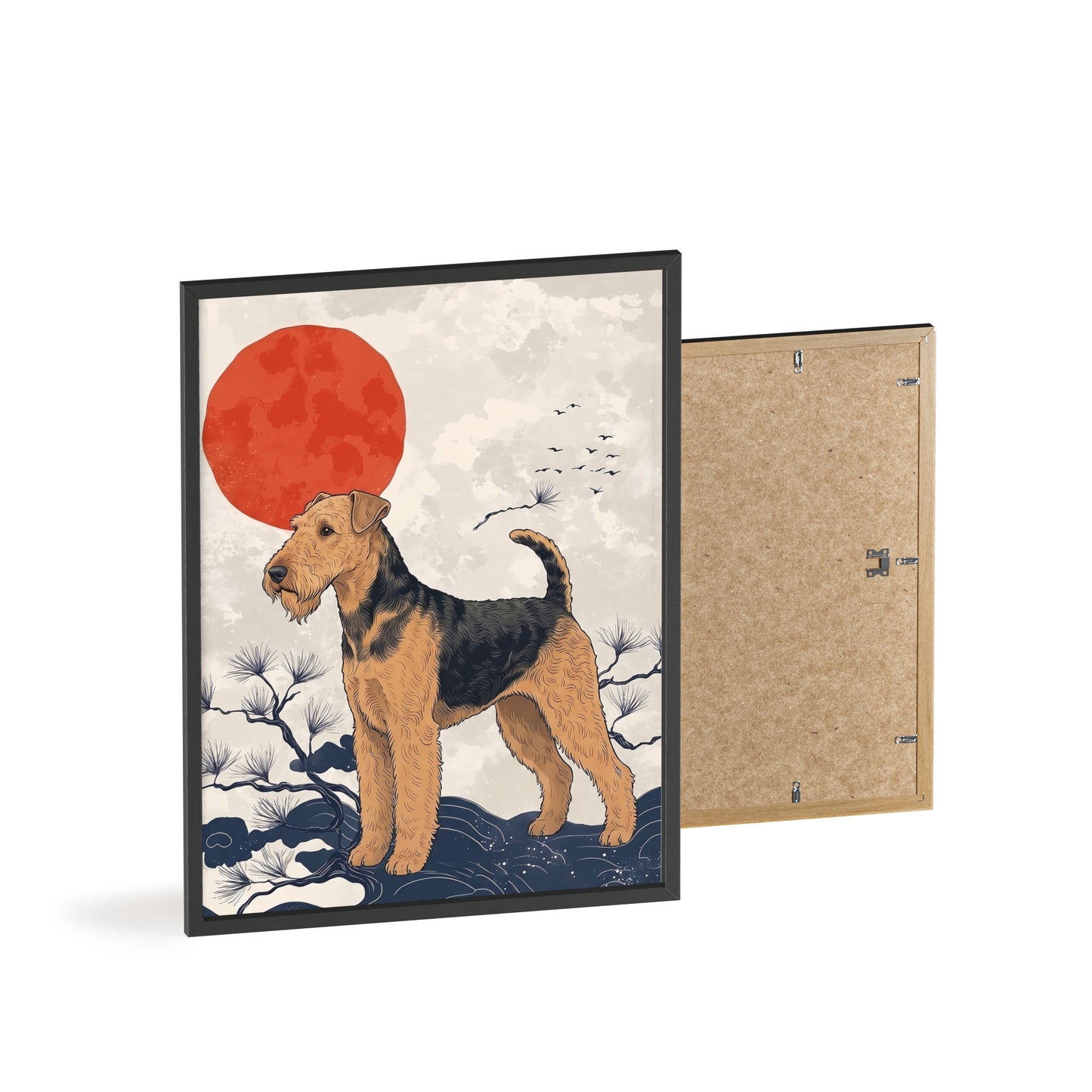 Airedale Terrier Japanese style Art Poster with Wooden Frame — Japanese Sunrise Dog Wall Art