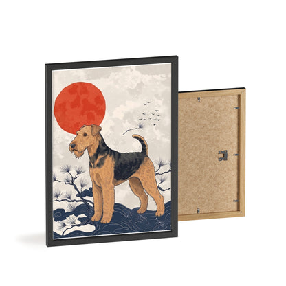 Airedale Terrier Japanese style Art Poster with Wooden Frame — Japanese Sunrise Dog Wall Art