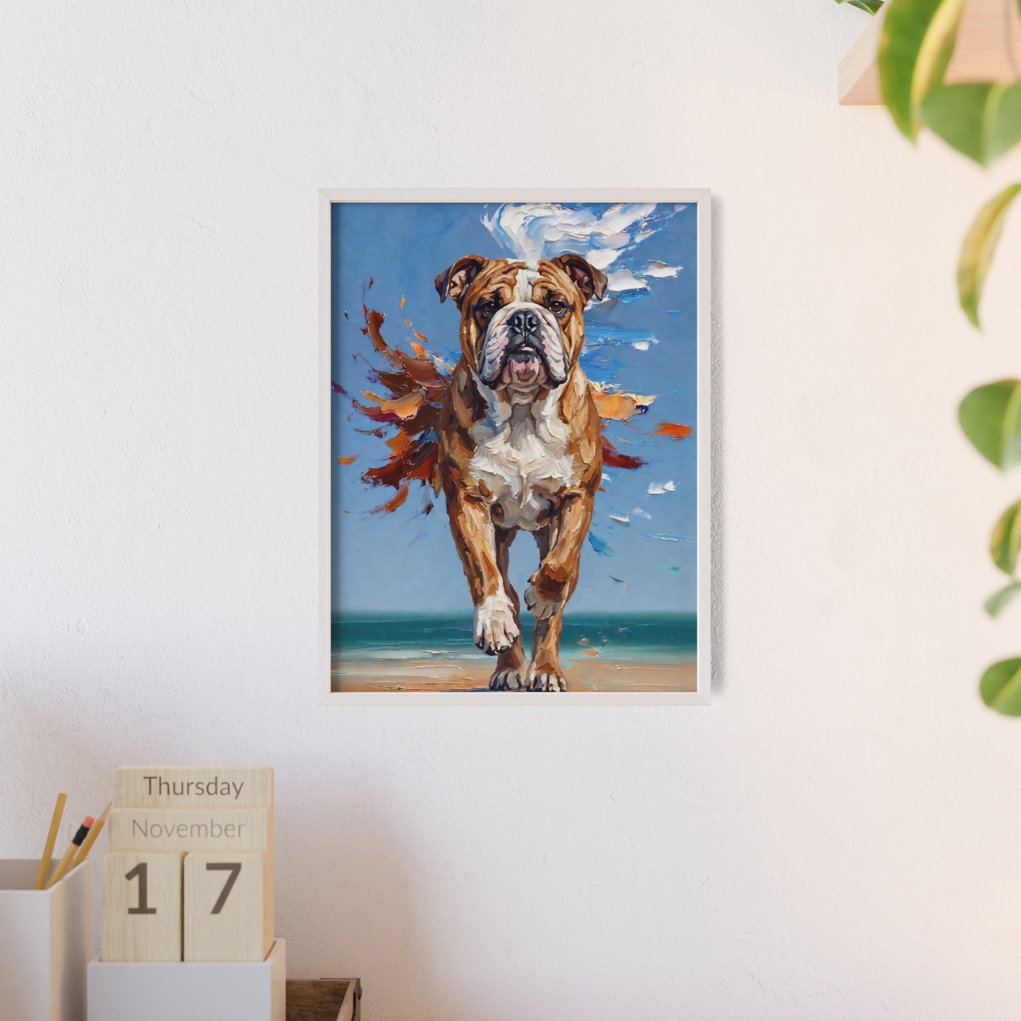 Dynamic English Bulldog Beach Impasto Painting Framed Poster