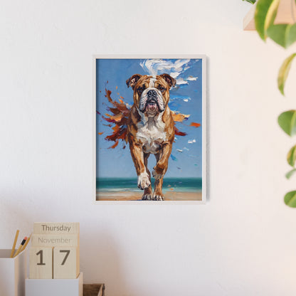 Dynamic English Bulldog Beach Impasto Painting Framed Poster