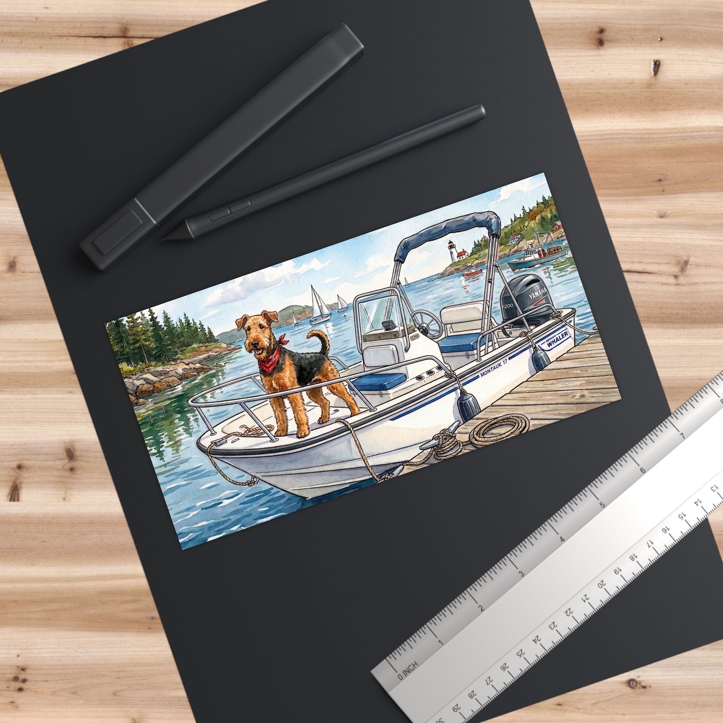 Airedale Terrier Boat Dog Bumper Sticker — Cute Airedale on Waterfront Dock 7.5"x3.75"