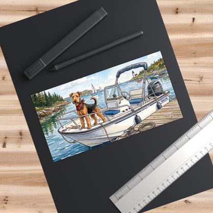 Airedale Terrier Boat Dog Bumper Sticker — Cute Airedale on Waterfront Dock 7.5"x3.75"