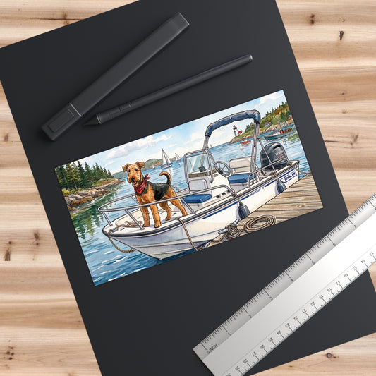 Airedale Terrier Boat Dog Bumper Sticker — Cute Airedale on Waterfront Dock 7.5"x3.75"