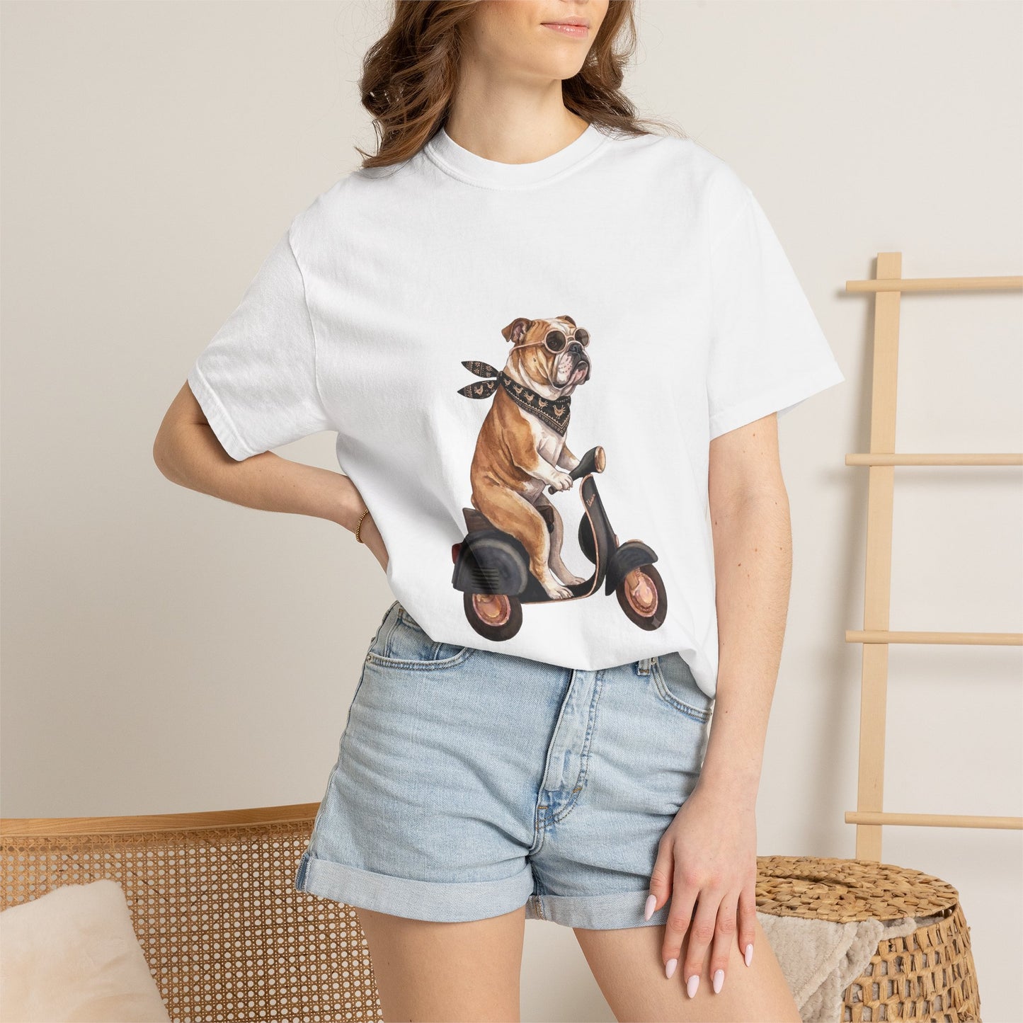 Funny English Bulldog Riding Vintage Scooter T-Shirt - Retro Dog Graphic Tee
