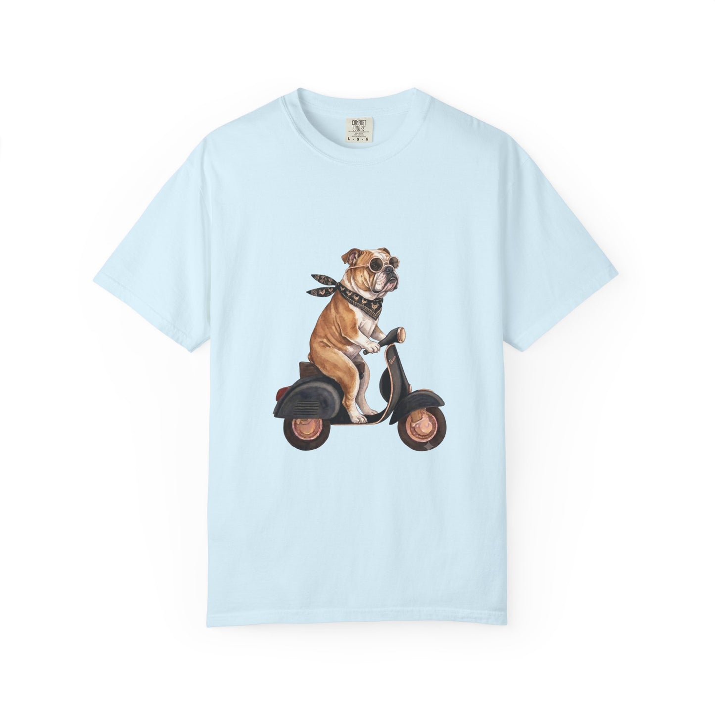 Funny English Bulldog Riding Vintage Scooter T-Shirt - Retro Dog Graphic Tee