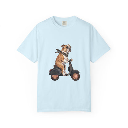 Funny English Bulldog Riding Vintage Scooter T-Shirt - Retro Dog Graphic Tee