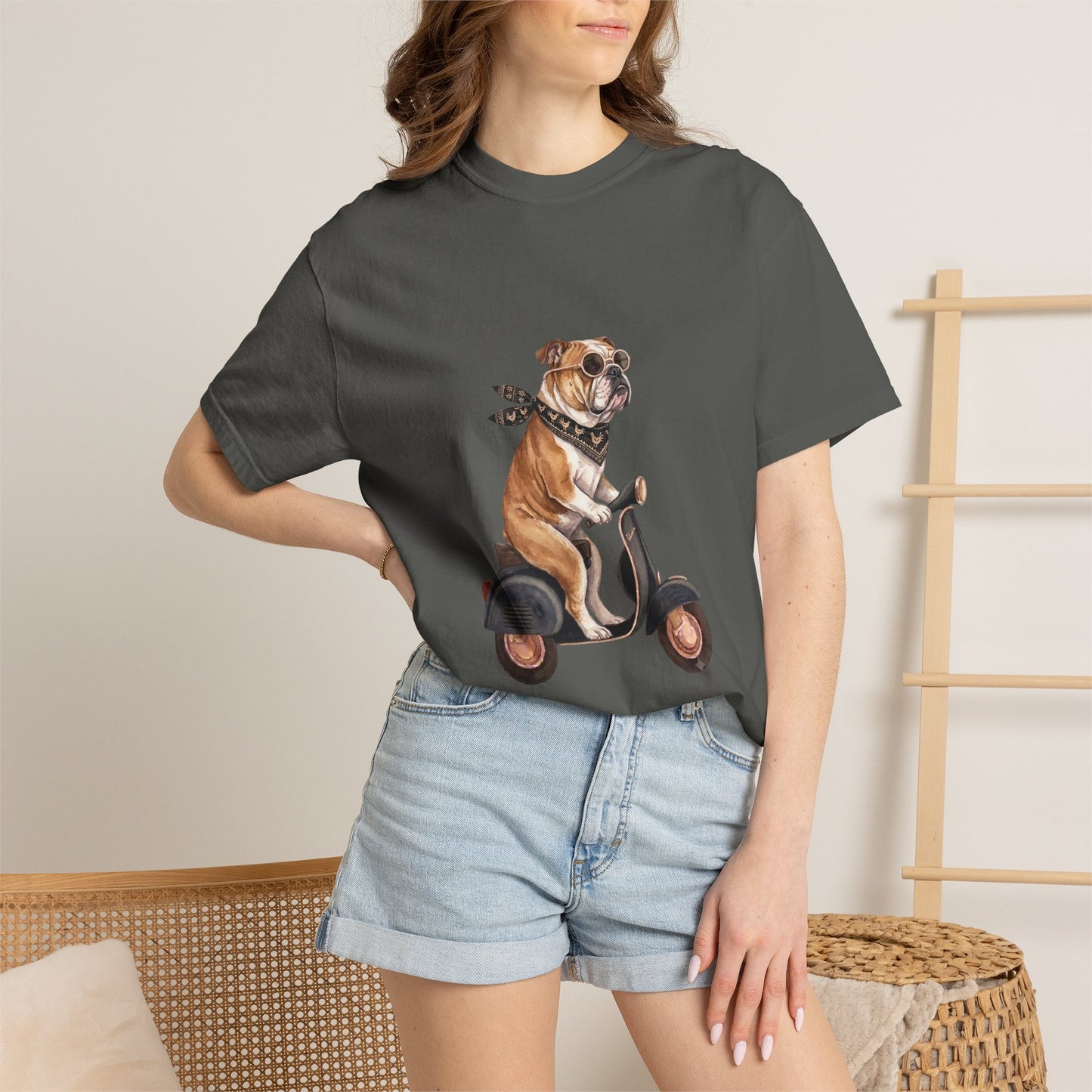 Funny English Bulldog Riding Vintage Scooter T-Shirt - Retro Dog Graphic Tee