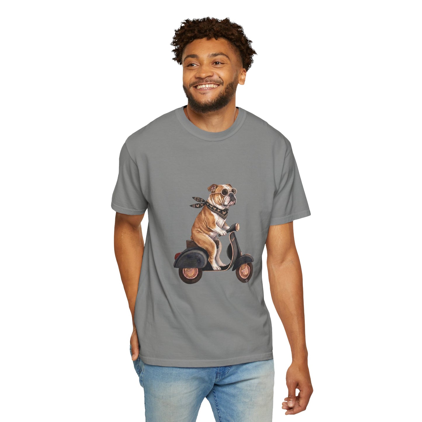 Funny English Bulldog Riding Vintage Scooter T-Shirt - Retro Dog Graphic Tee