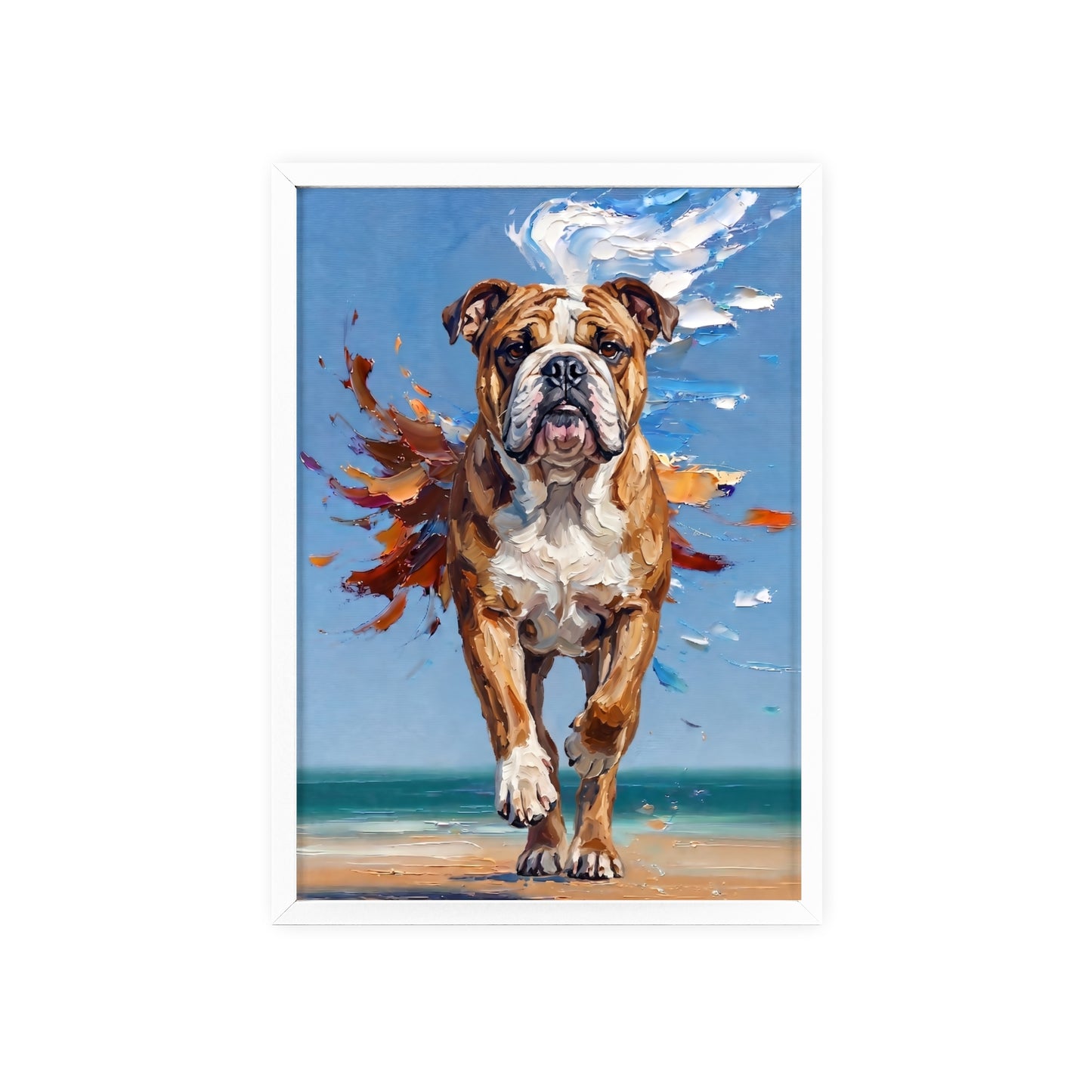 Dynamic English Bulldog Beach Impasto Painting Framed Poster