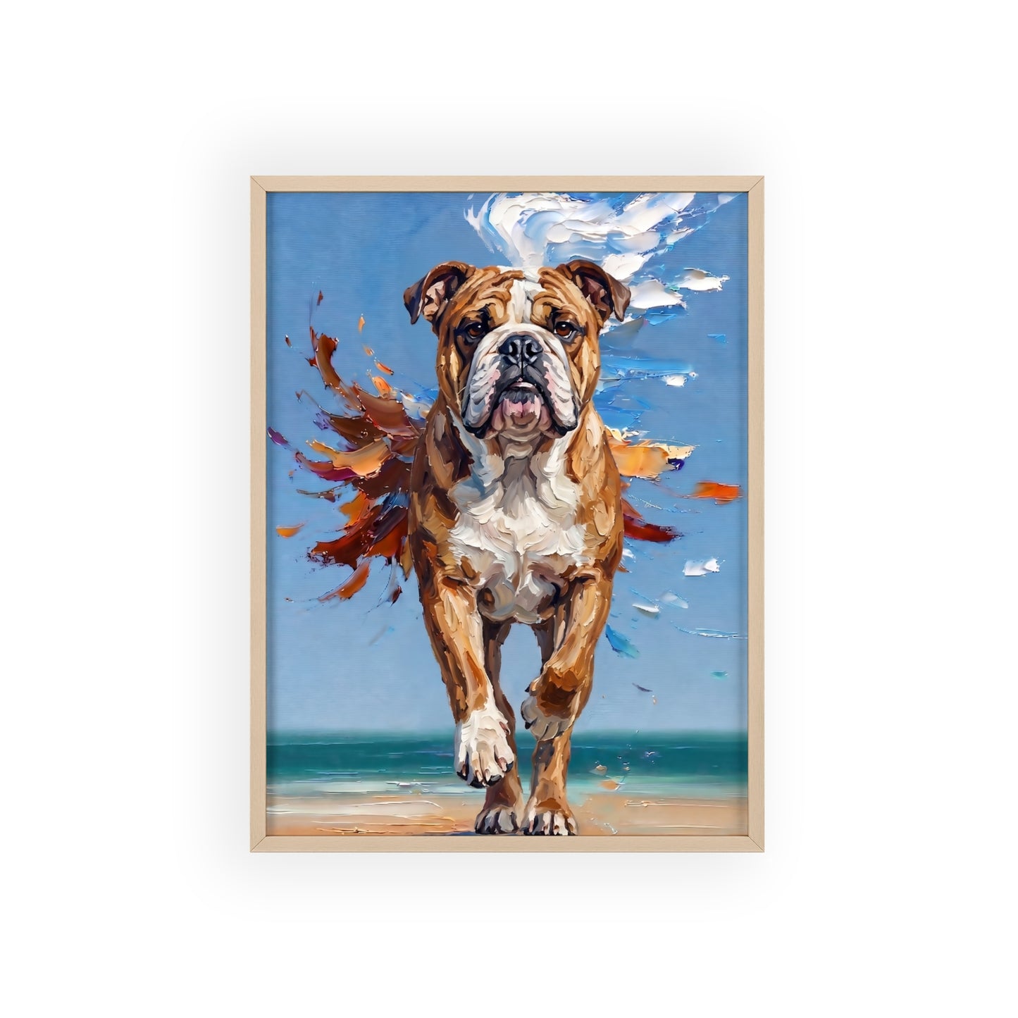Dynamic English Bulldog Beach Impasto Painting Framed Poster
