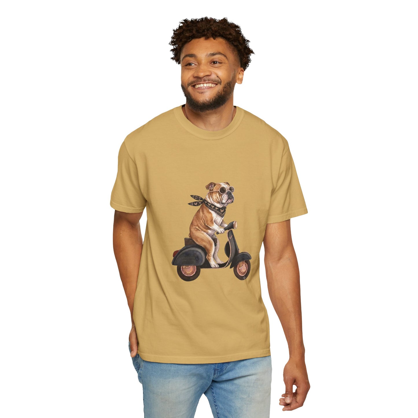 Funny English Bulldog Riding Vintage Scooter T-Shirt - Retro Dog Graphic Tee