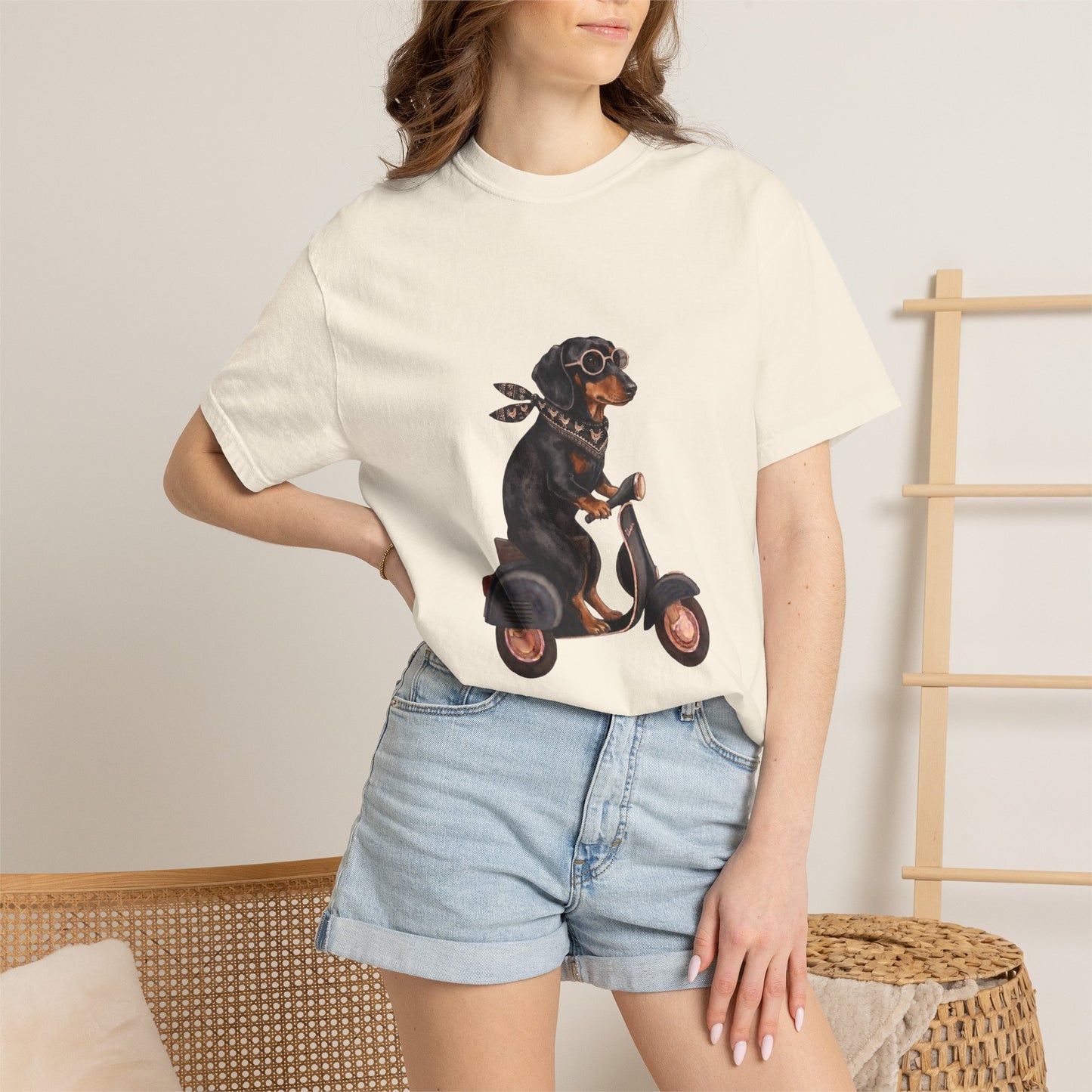Cool Dachshund Riding a Scooter Graphic T-Shirt - Funny Wiener Dog Adventurer Tee
