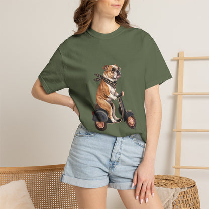 Funny English Bulldog Riding Vintage Scooter T-Shirt - Retro Dog Graphic Tee