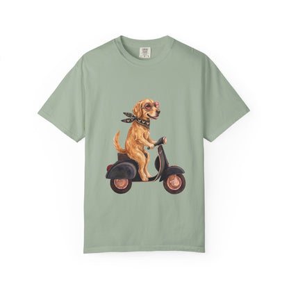 Golden Retriever Riding Vintage Scooter T-Shirt - Cool Dog Lover Tee