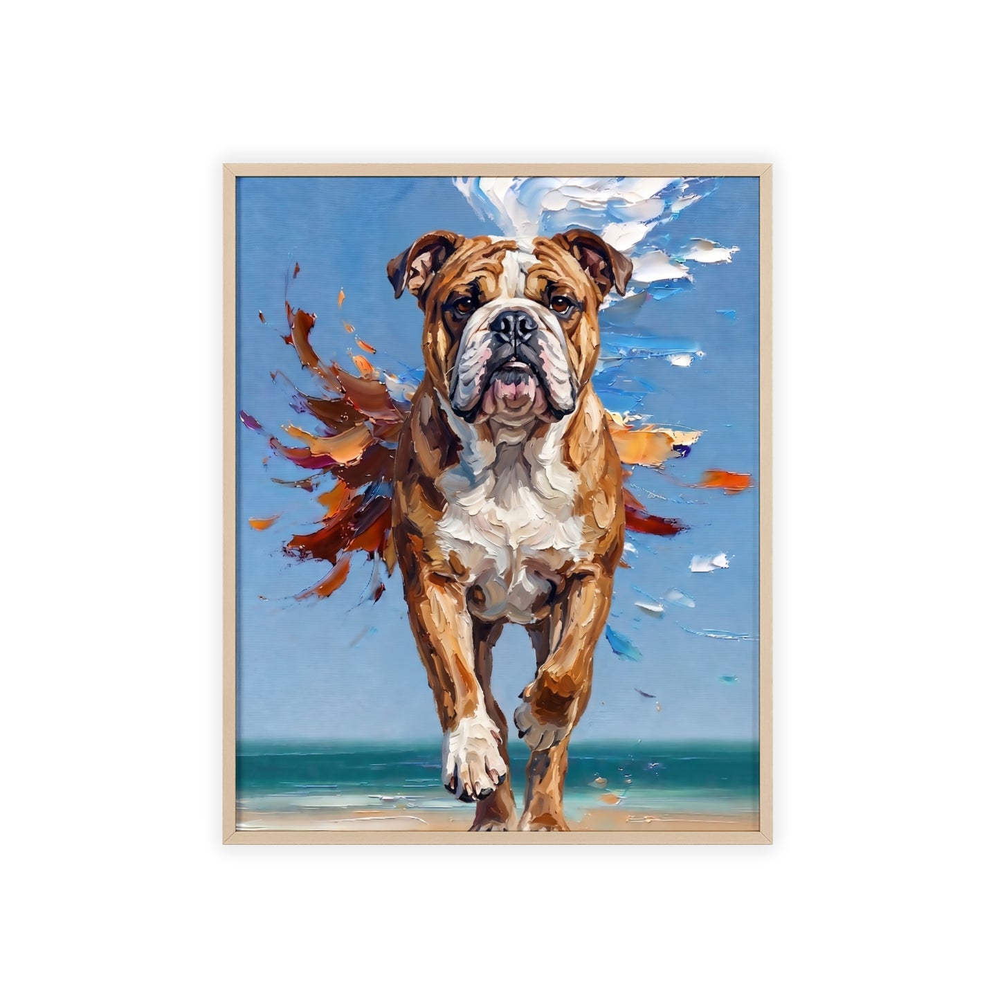 Dynamic English Bulldog Beach Impasto Painting Framed Poster