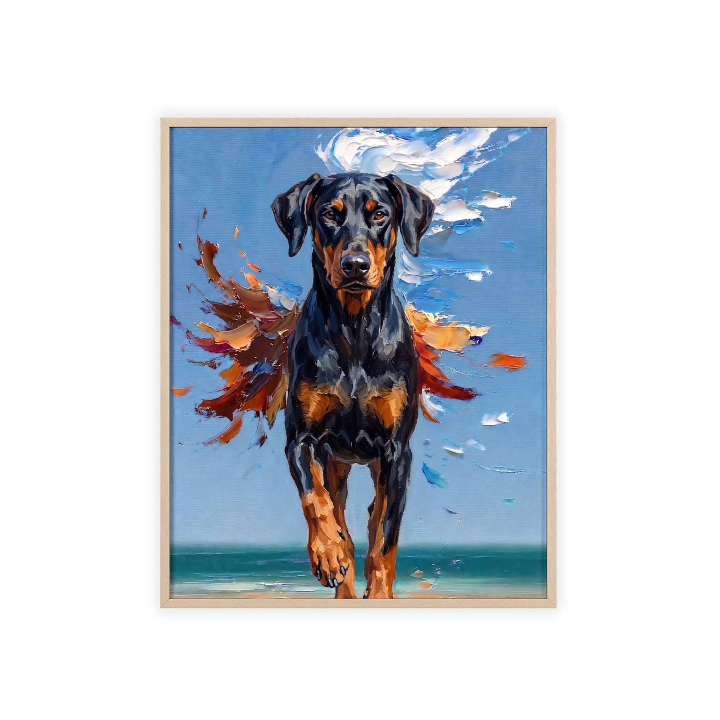 Doberman Beach Day Poster - Dynamic Dog Oil Painting Art