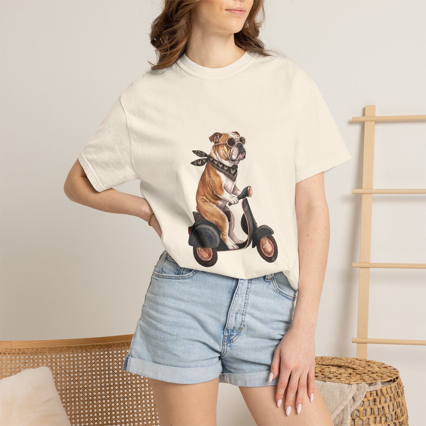 Funny English Bulldog Riding Vintage Scooter T-Shirt - Retro Dog Graphic Tee