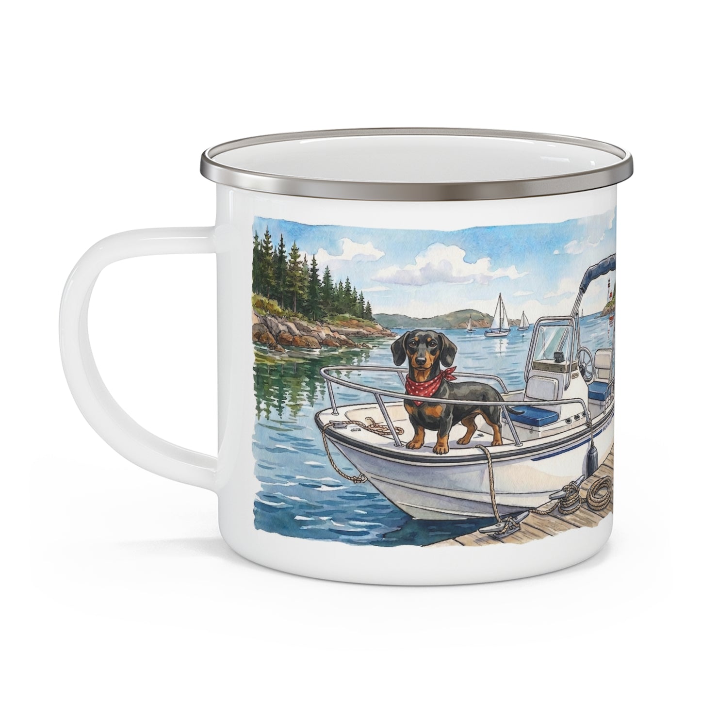 Dachshund on Boat Camping Mug - Coastal Wiener Dog Watercolor Enamel Mug