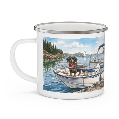 Dachshund on Boat Camping Mug - Coastal Wiener Dog Watercolor Enamel Mug