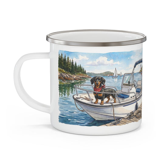 Dachshund on Boat Camping Mug - Coastal Wiener Dog Watercolor Enamel Mug