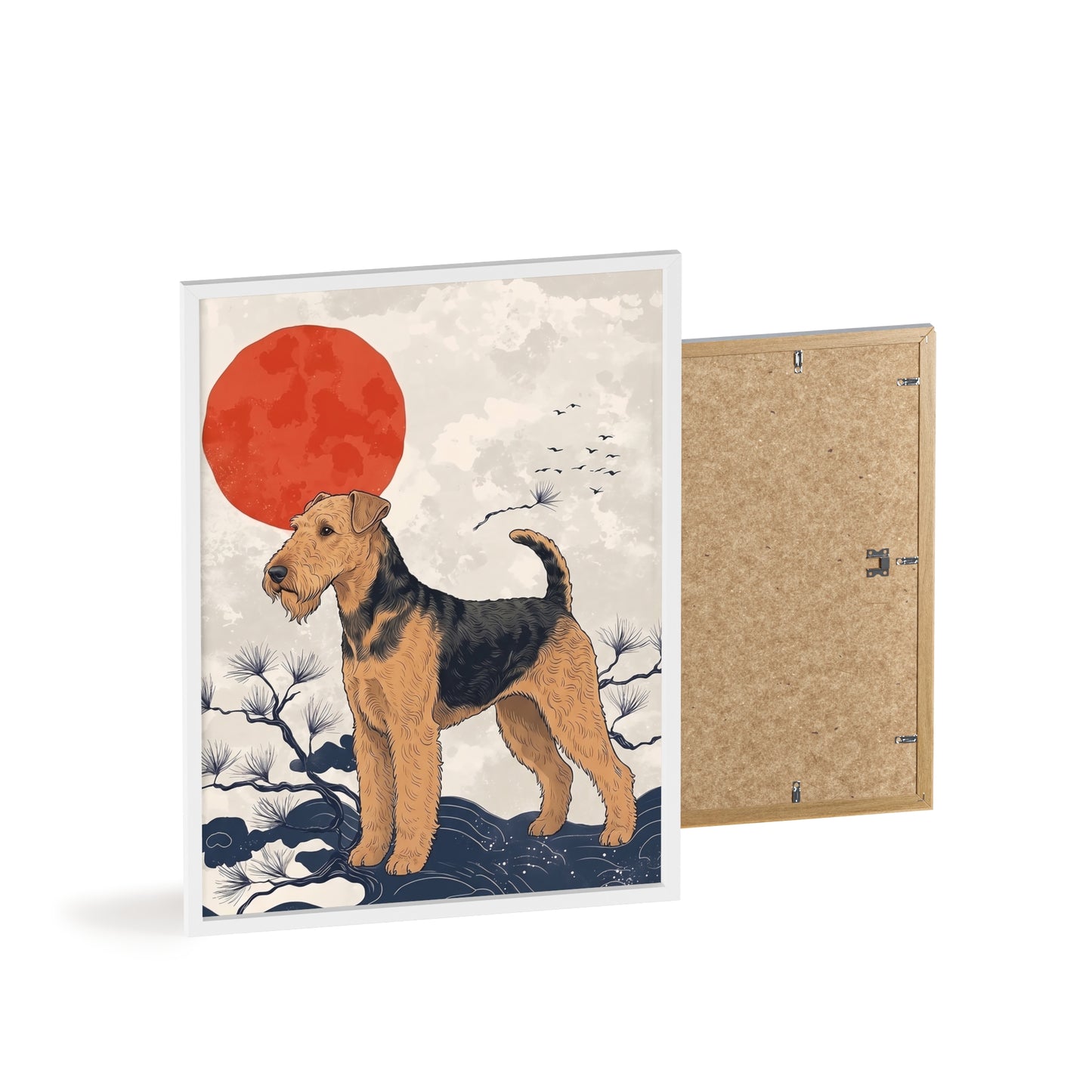 Airedale Terrier Japanese style Art Poster with Wooden Frame — Japanese Sunrise Dog Wall Art